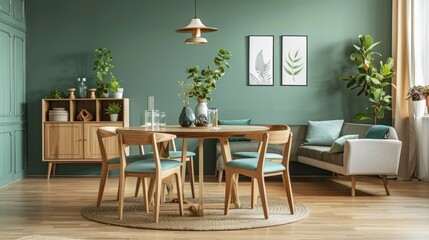 Mint color chairs at round wooden dining table in room with sofa and cabinet near green wall. Scandinavian, mid-century home interior design of modern living room.