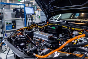 Hybrid Car Undergoing Specialized Diagnostic Testing in Professional Auto Repair Shop