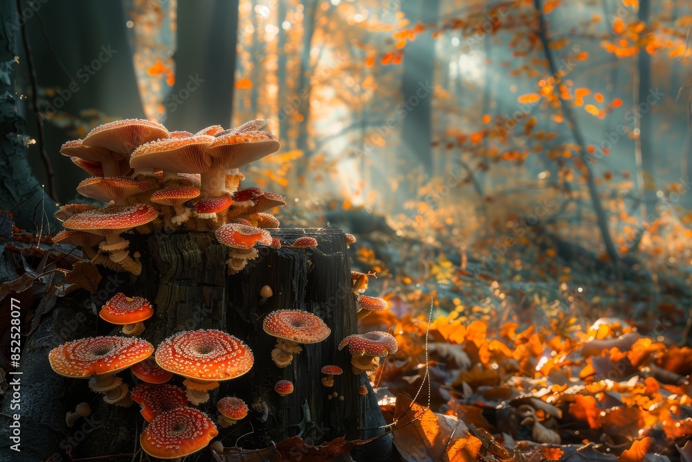 Wall mural Autumn Forest Wild Mushrooms on Tree Stump with Sunlit Fallen Leaves - Nature Photography for Posters & Prints - Wall murals