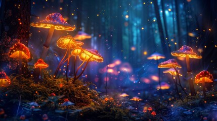 Fototapeta premium Mystical Forest with Glowing Bioluminescent Mushrooms Creating Enchanting Atmosphere at Night
