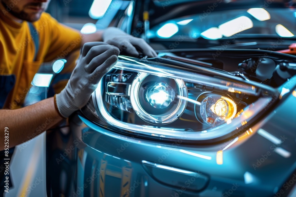 Poster mechanic installing new headlights on a car with precision and care for optimal performance
