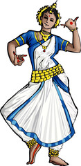 Beautiful Indian Classical Dancer Character Vector Illustration, doodle style cartoon illustration of dancing girl in traditional Indian dance costume