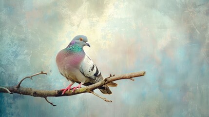 Fototapeta premium A typical pigeon perches on a tree branch against a hazy blue background