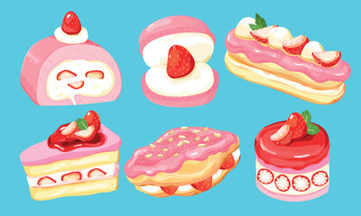 Collection of Strawberry Pastry Bakery and Dessert Vector Illustration