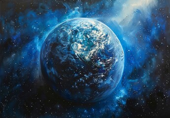 Obraz premium The earth floating in space with a blue color scheme 
