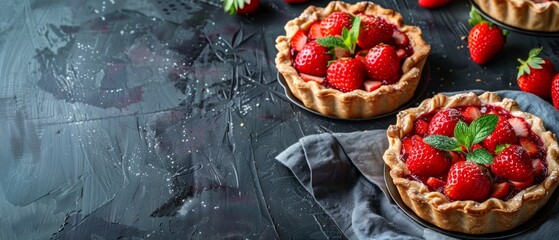 Fresh homemade strawberries tarts with copy space. Rhubarb pie day. Delicious food