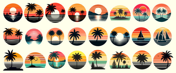 Set of retro sunsets in 80s and 90s style. Abstract sun at beach background with sunny vector and t-shirt design