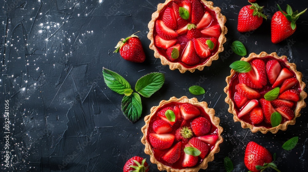 Wall mural fresh homemade strawberries tarts with copy space. rhubarb pie day. delicious food