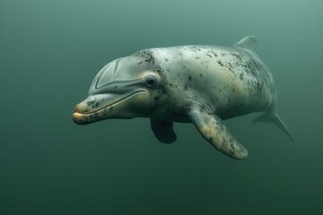 Naklejka premium A Baiji river dolphin swimming in the murky waters of the Yangtze River, its elongated beak and graceful movements captured underwater. 