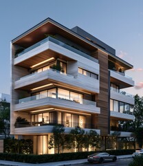 Obraz premium Modern Apartment Building Exterior at Dusk