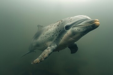Fototapeta premium A Baiji river dolphin swimming in the murky waters of the Yangtze River, its elongated beak and graceful movements captured underwater. 