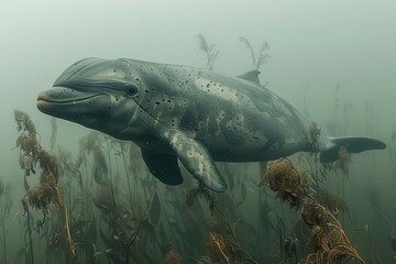 Fototapeta premium A Baiji river dolphin swimming in the murky waters of the Yangtze River, its elongated beak and graceful movements captured underwater. 