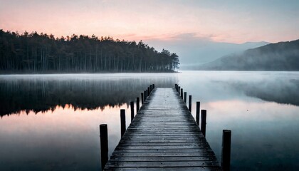 A tranquil wooden pier stretches into a misty lake at dawn, surrounded by dense forest and mountains in the distance. The calm water and pastel sky create a peaceful, serene atmosphere perfect for
