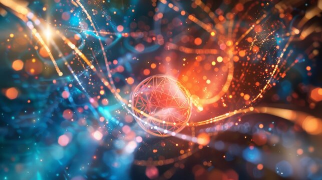 An artistic representation of quantum entanglement in a qubit system, showcasing interconnected particles with vibrant, abstract designs symbolizing their entangled states