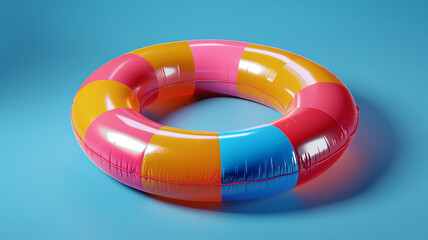  Summer Holiday. A swimming ring, a bright-colored lifebuoy on blue background, copy space.