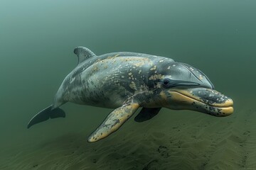 A Baiji river dolphin swimming in the murky waters of the Yangtze River, its elongated beak and graceful movements captured underwater. 