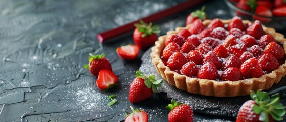 Fresh homemade strawberries tarts with copy space. Rhubarb pie day. Delicious food