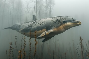 Obraz premium A Baiji river dolphin swimming in the murky waters of the Yangtze River, its elongated beak and graceful movements captured underwater. 