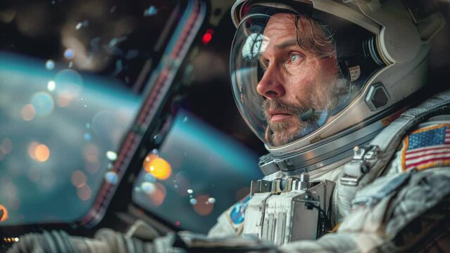 Caucasian male astronaut looking at the earth through the window of a space rocket ship in outer space