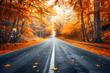 Fototapeta premium Highway road with beautiful autumn tree. Fall season.