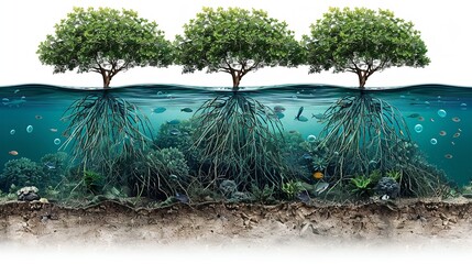 A close-up illustration of three mangrove trees growing in shallow water with their roots visible underwater