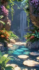 Tropical Waterfall Scene with Lush Greenery and Pond
