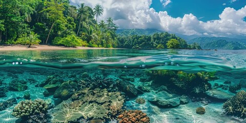 Obraz premium Underwater scene of a tropical island with coral reefs and marine life