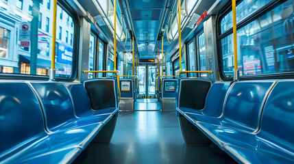 Obraz premium Empty Blue Seats In Public Transportation - Interior of Public Transport With Bright Blue Seats and Yellow Handrails - Photo