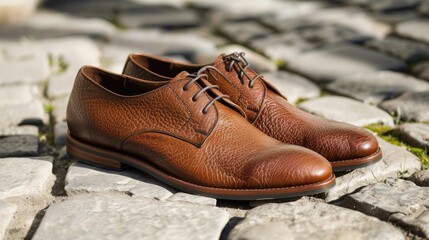 Naklejka premium Brown leather derbies for men on beige