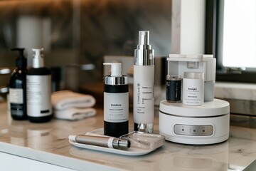 Professional Skincare Tools and Products Arrangement on Marble Countertop for Aesthetic Treatments