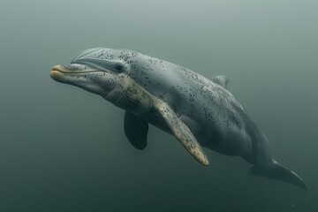 Obraz premium A Baiji river dolphin swimming in the murky waters of the Yangtze River, its elongated beak and graceful movements captured underwater. 