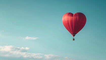 Fototapeta premium A heart-shaped hot air balloon gracefully floats in a clear blue sky, symbolizing love, freedom, and adventure.