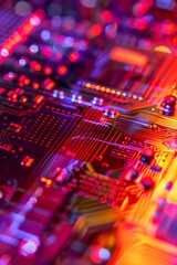 Obraz premium A detailed close-up image of a quantum processor chip, showcasing intricate circuit patterns and connections, highlighting advanced technology and precision engineering