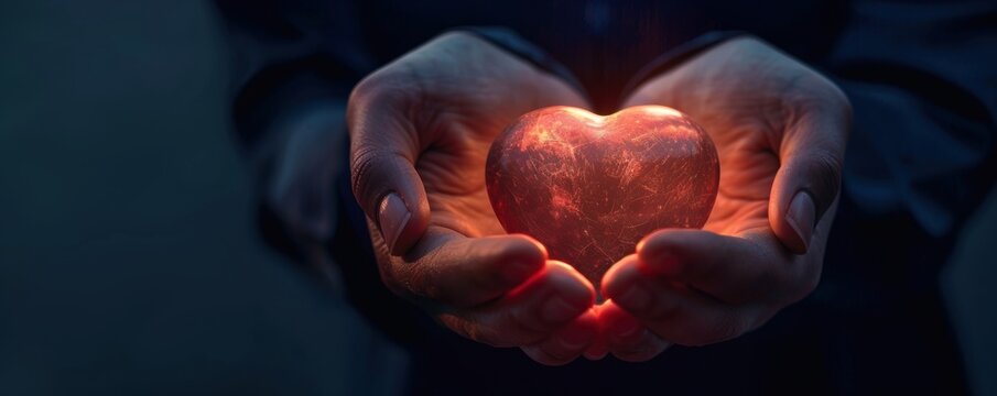 A pair of hands gently holding a glowing heart-shaped object, symbolizing love, care, and warmth in a dark, serene background.