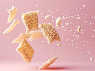 Cut crepe pieces floating, pastel background, hyperrealistic studio shot, minimalist aesthetic, high detail, emphasizing negative space