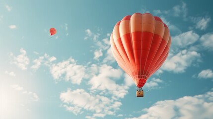 Fototapeta premium Big sausage-shaped hot air balloon soaring high, vibrant red and brown hues, floating against a backdrop of a bright, sunny sky, creating a playful scene