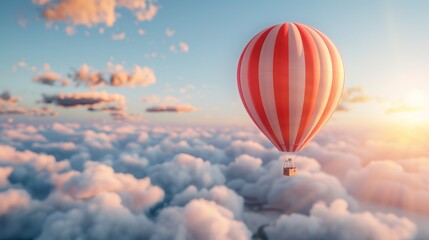 Obraz premium Big sausage-shaped hot air balloon soaring high, vibrant red and brown hues, floating against a backdrop of a bright, sunny sky, creating a playful scene