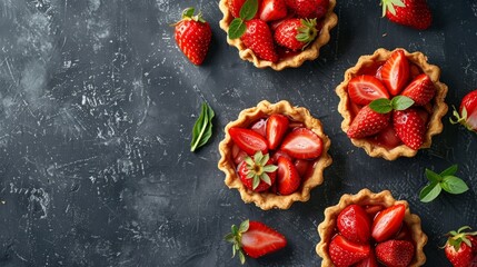 Fresh homemade strawberries tarts with copy space. Rhubarb pie day. Delicious food