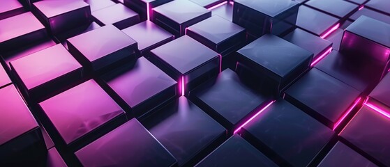Futuristic Neon Illuminated 3D Cubes Background, abstract art of square shapes design, background 3d render blocks
