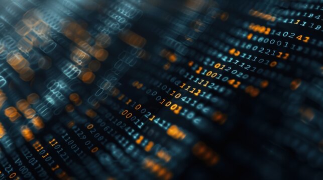Abstract digital background with binary code and glowing numbers. Concept of data, technology, and computer science.