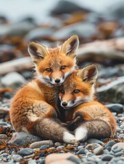 Fototapeta premium Two foxes relaxing on a pile of rocks, natural scenery
