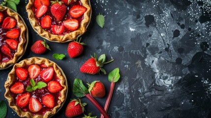 Fresh homemade strawberries tarts with copy space. Rhubarb pie day. Delicious food