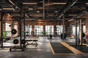 Contemporary fitness center interior with workout and crossfit equipment, high quality 3d render