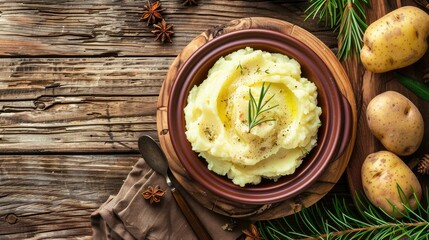 Closeup of bowl of mashed potatoes on wooden surface