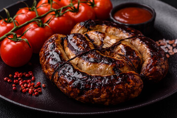 Delicious grilled sausage in the form of a ring with salt, spices