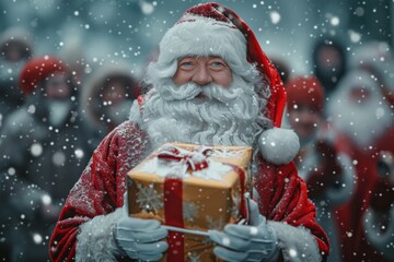 Santa Claus Holding Gift in Snowfall