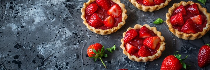 Fresh homemade strawberries tarts with copy space. Rhubarb pie day. Delicious food