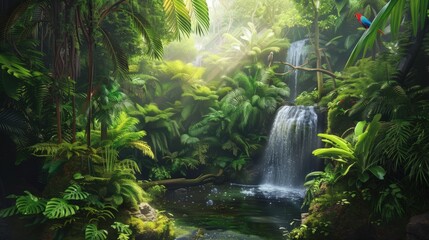 Fototapeta premium Lush Tropical Waterfall with Parrot and Sunlight