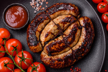 Fototapeta premium Delicious grilled sausage in the form of a ring with salt, spices