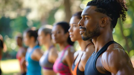 Outdoor exercise class in a park, diverse participants following an instructors lead, warm morning sun, detailed realism